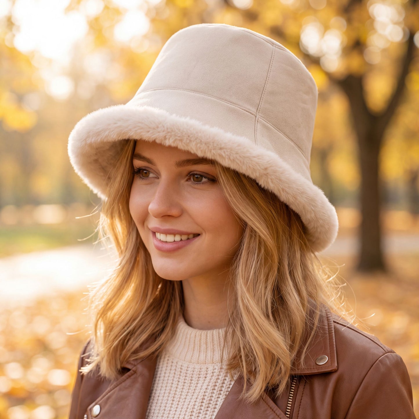 Faux Suede Bucket Hat with Faux Fur Trim Winter Hat