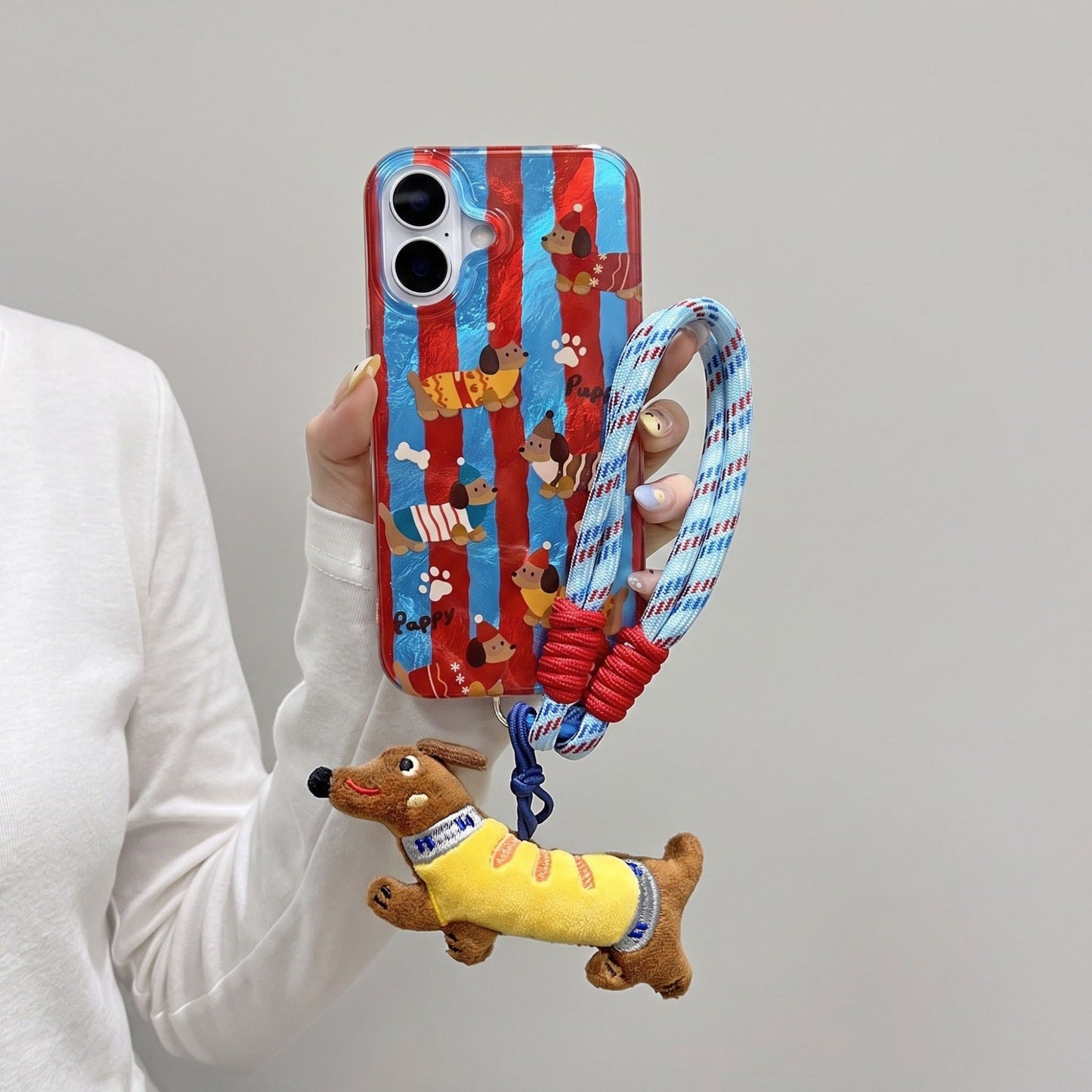 Dachshund Phone Case Wristlet Set Dog Print Case Plush Charm Strap