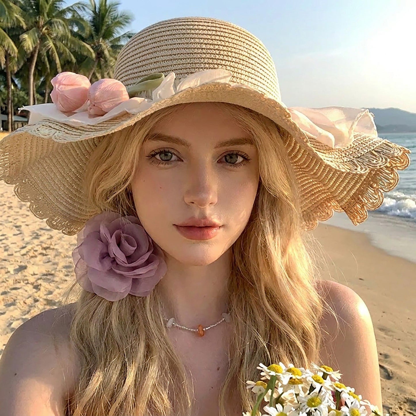 Wide Brim Straw Sun Hat with Pleated Sheer Brim Bow Accent and Floral Trim