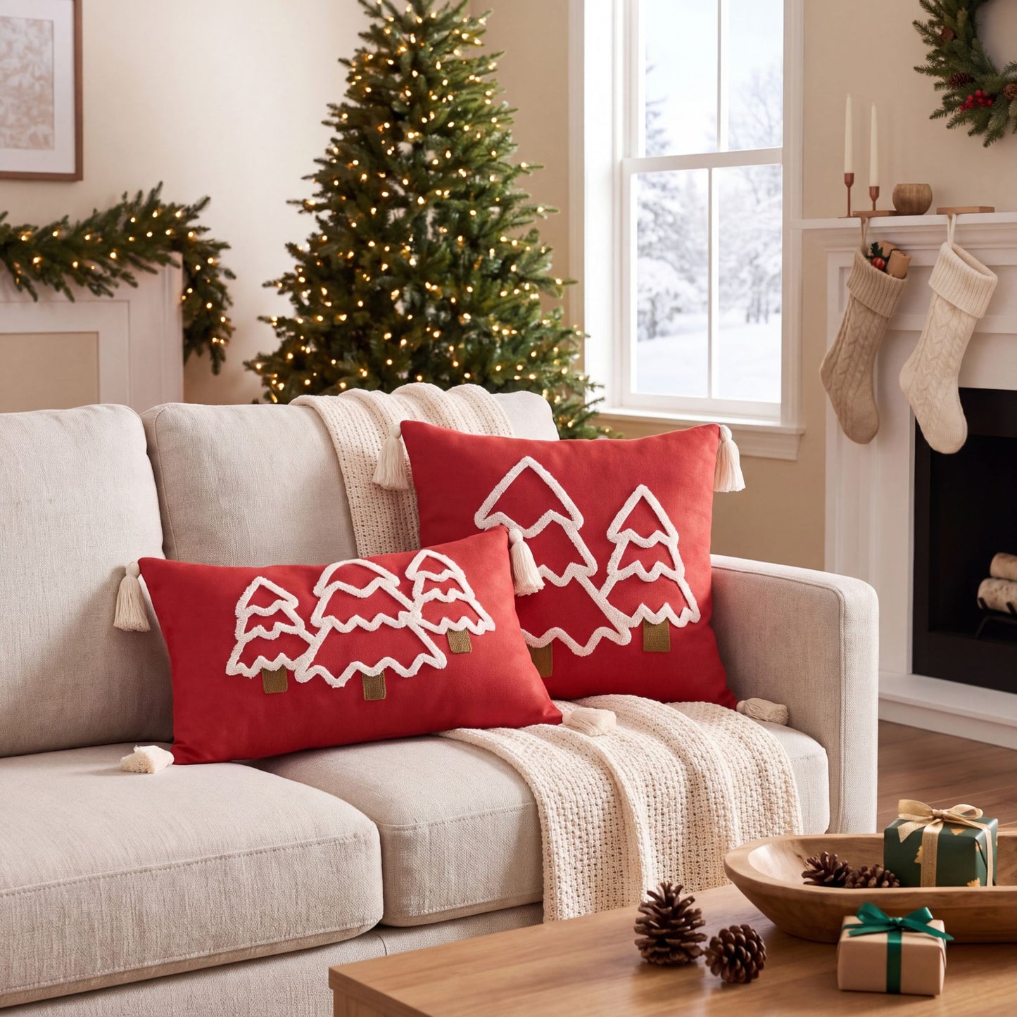 Christmas Tree Tufted Square Throw Pillow Cover with Tassels Holiday Decor