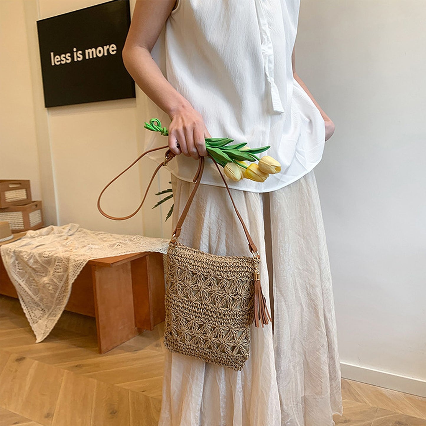 Women's Bohemian Crochet Shoulder Bag with Leather Straps