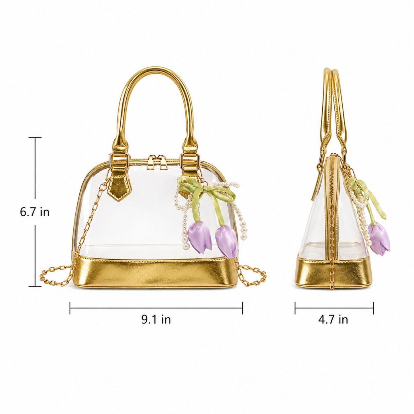 Clear PVC Mini Satchel Bag with Chain Strap and Floral Pearl Charm