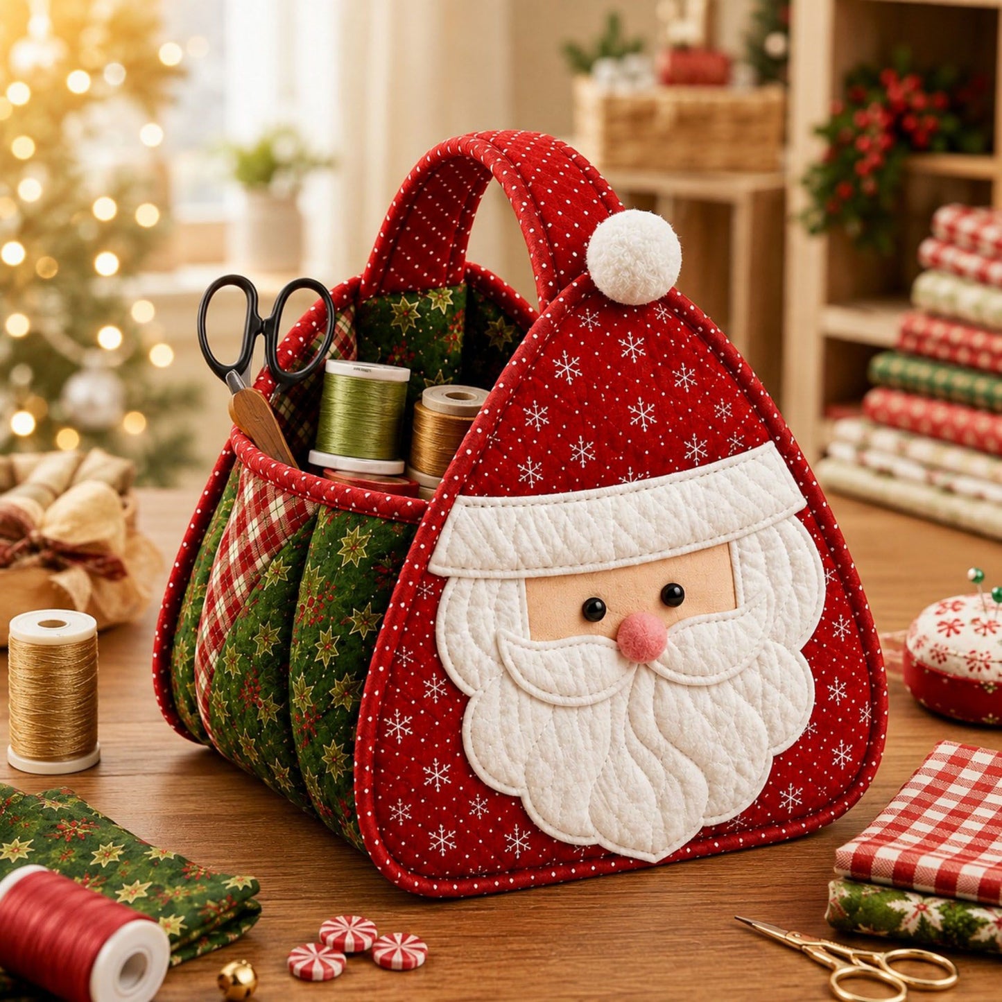 Christmas Santa Quilted Carry Basket DIY Sewing Kit