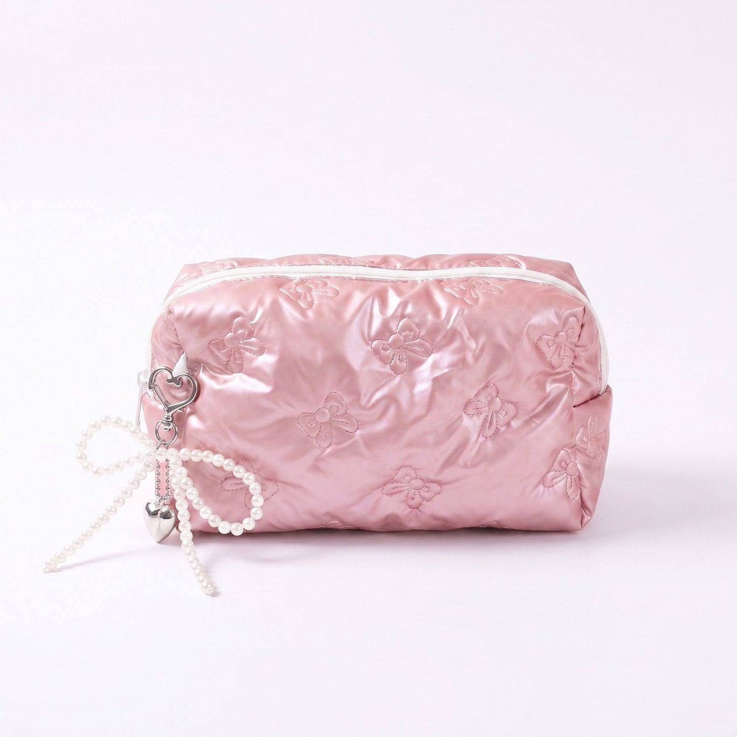Womens Quilted Bow Makeup Bag with Pearl Charm Cosmetic Pouch