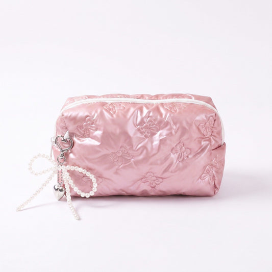 Womens Quilted Bow Makeup Bag with Pearl Charm Cosmetic Pouch