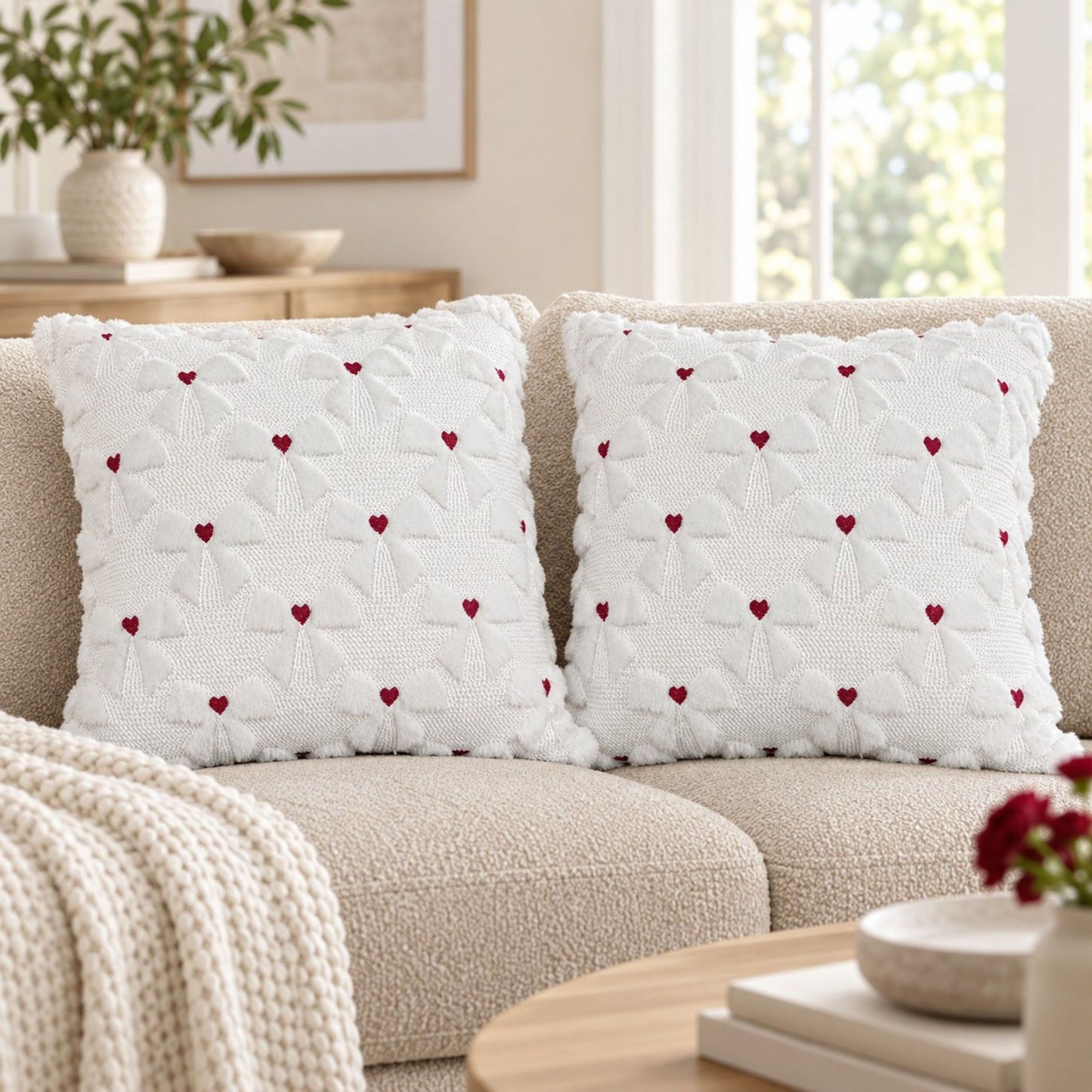 2 Pack Tufted Bow Heart Decorative Throw Pillow Covers Soft Textured Cushion Covers