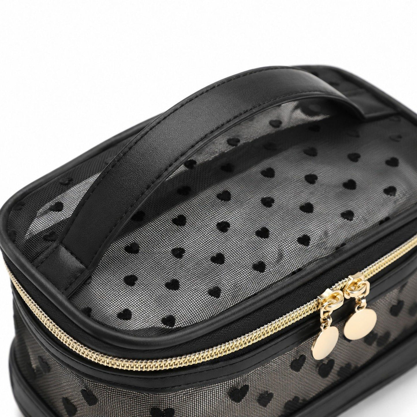 Two-Tier Cosmetic Organizer Bag with Heart Print Mesh Panels Gold Zippers and Carry Handle