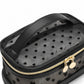 Two-Tier Cosmetic Organizer Bag with Heart Print Mesh Panels Gold Zippers and Carry Handle