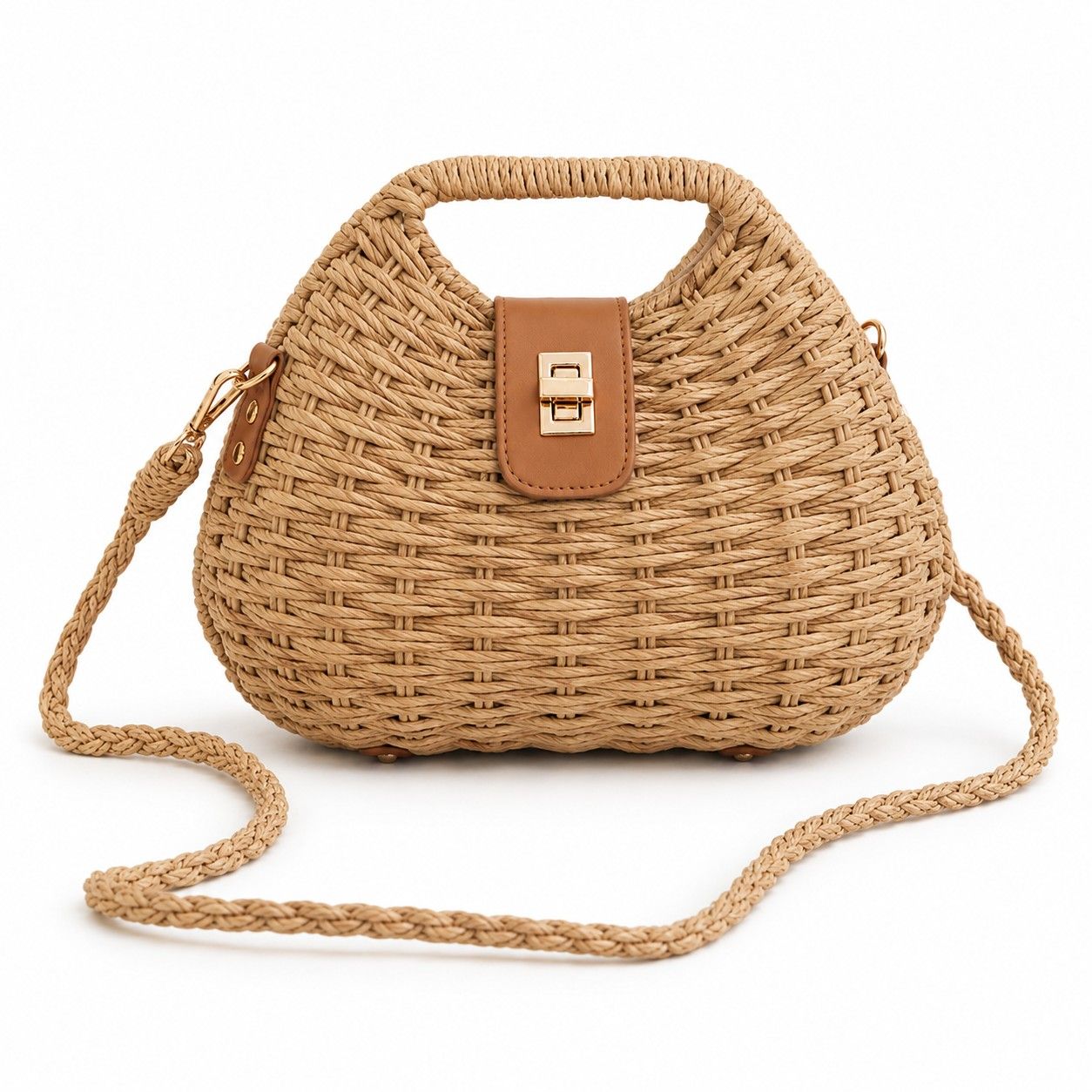 Round Woven Top Handle Crossbody Bag with Button Closure and Chain Strap