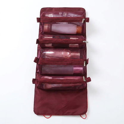 Hanging Travel Toiletry Bag with Clear Zipper Compartments and Roll-Up Organizer Design