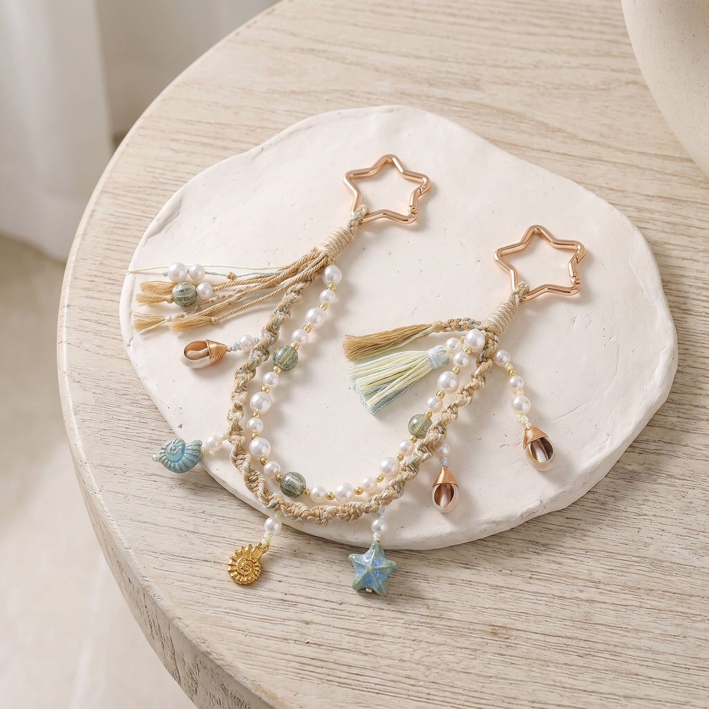 Coastal Bag Charm with Star Clips Pearl Look Beads Braided Cord and Tassels