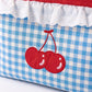 Cherry Embroidered Gingham Rectangular Storage Bin with Lace Ruffle & Handles