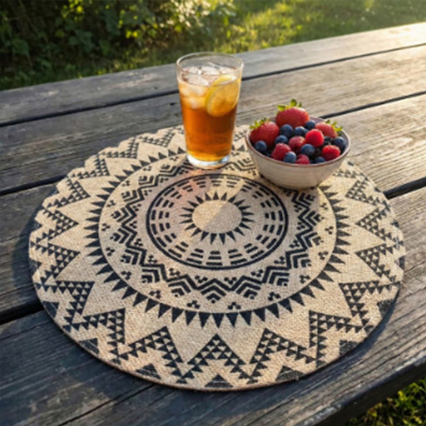 4 Piece Boho Round Placemat Set Woven Look Heat Resistant Table Mats for Dining Table
