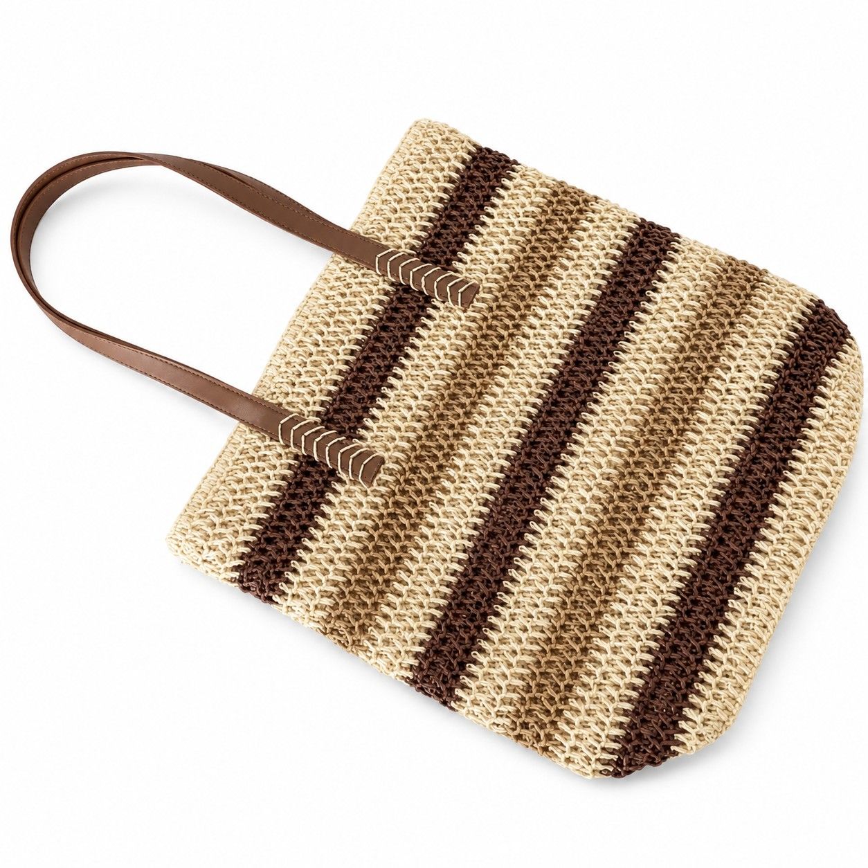 Coastal Stripe Woven Tote Bag with Zip Top Shoulder Handles and Slip Pocket