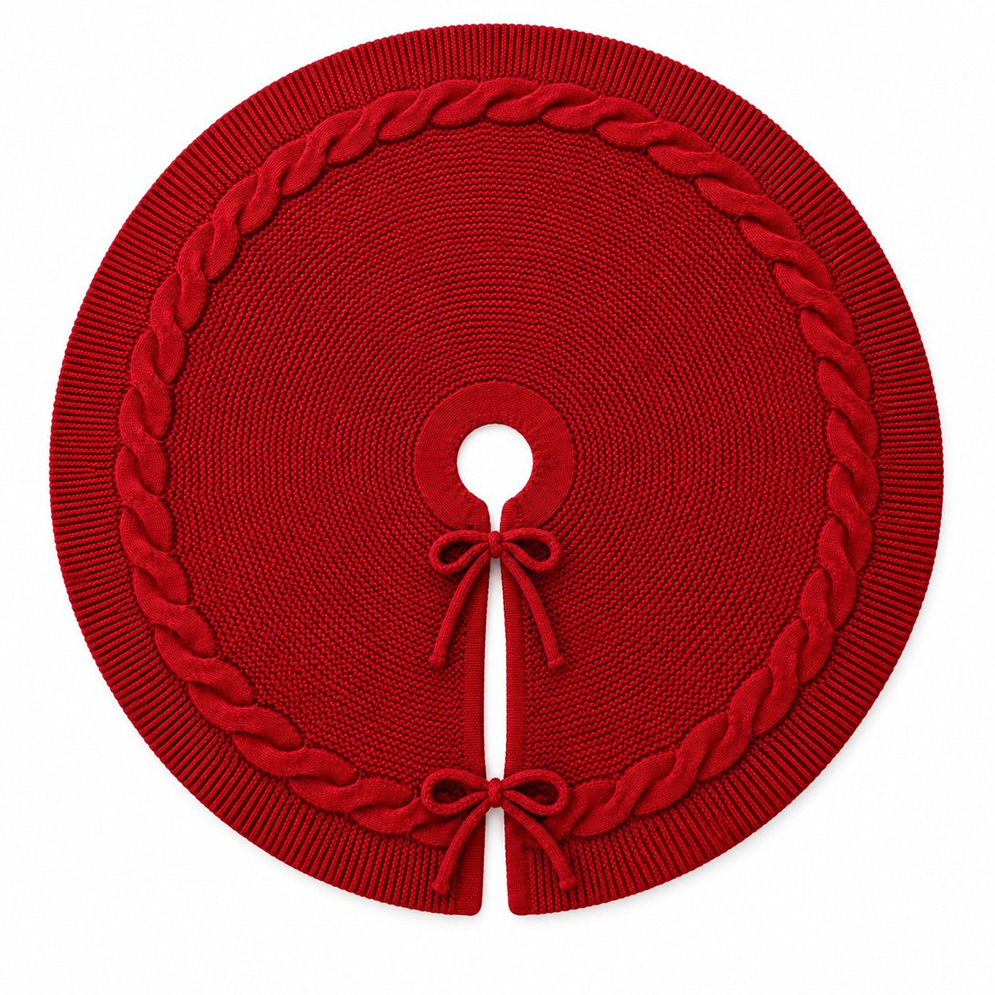 Cable Knit Christmas Tree Skirt with Bow Tie Closure