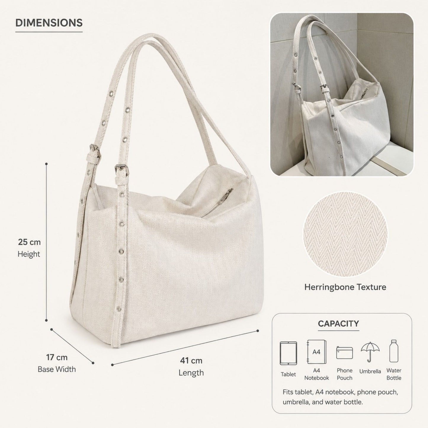Herringbone Tote Bag with Adjustable Strap and Rivet Detail