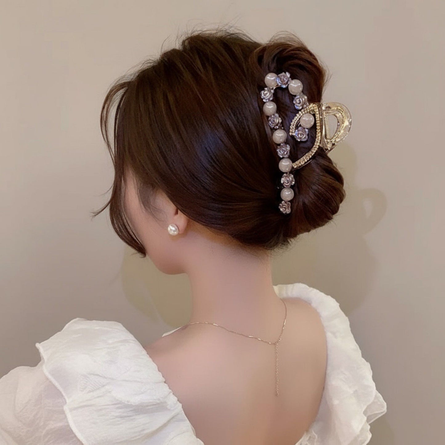 Beaded Flower Metal Hair Claw Clip with Curved Design and Textured Accents