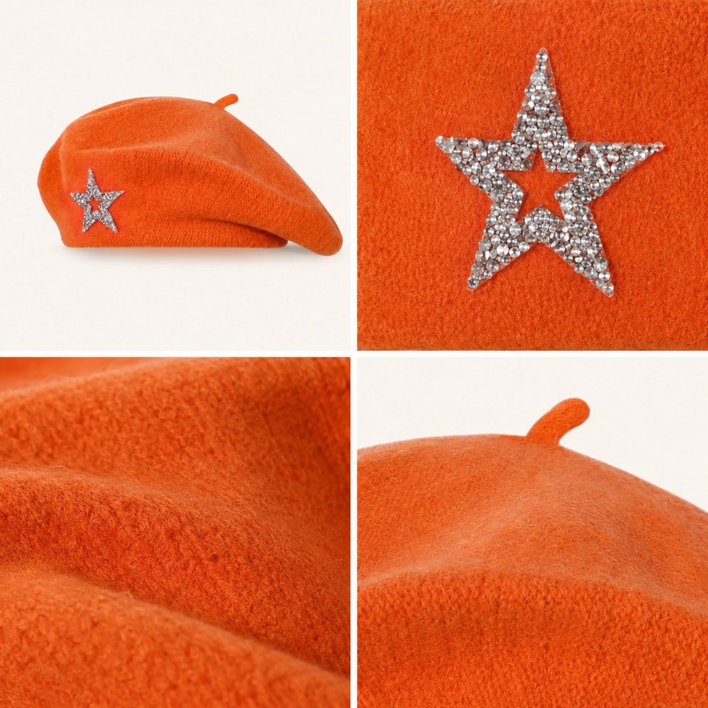 Rhinestone Star Embellished Knit Wool Beret