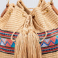 Woven Straw Bucket Bag with Pattern Strap Drawstring Closure Tassel Detail Crossbody Handbag