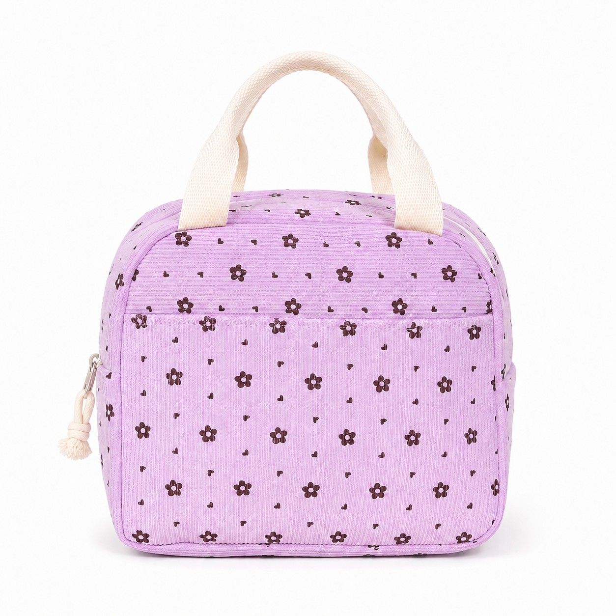 Floral Corduroy Insulated Lunch Tote Bag with Front Pocket and Zip Closure