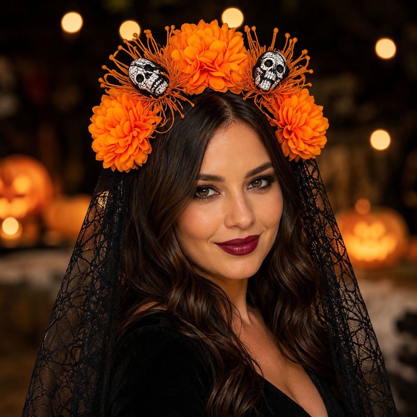 Halloween Floral Skull Headband with Spiderweb Lace Veil