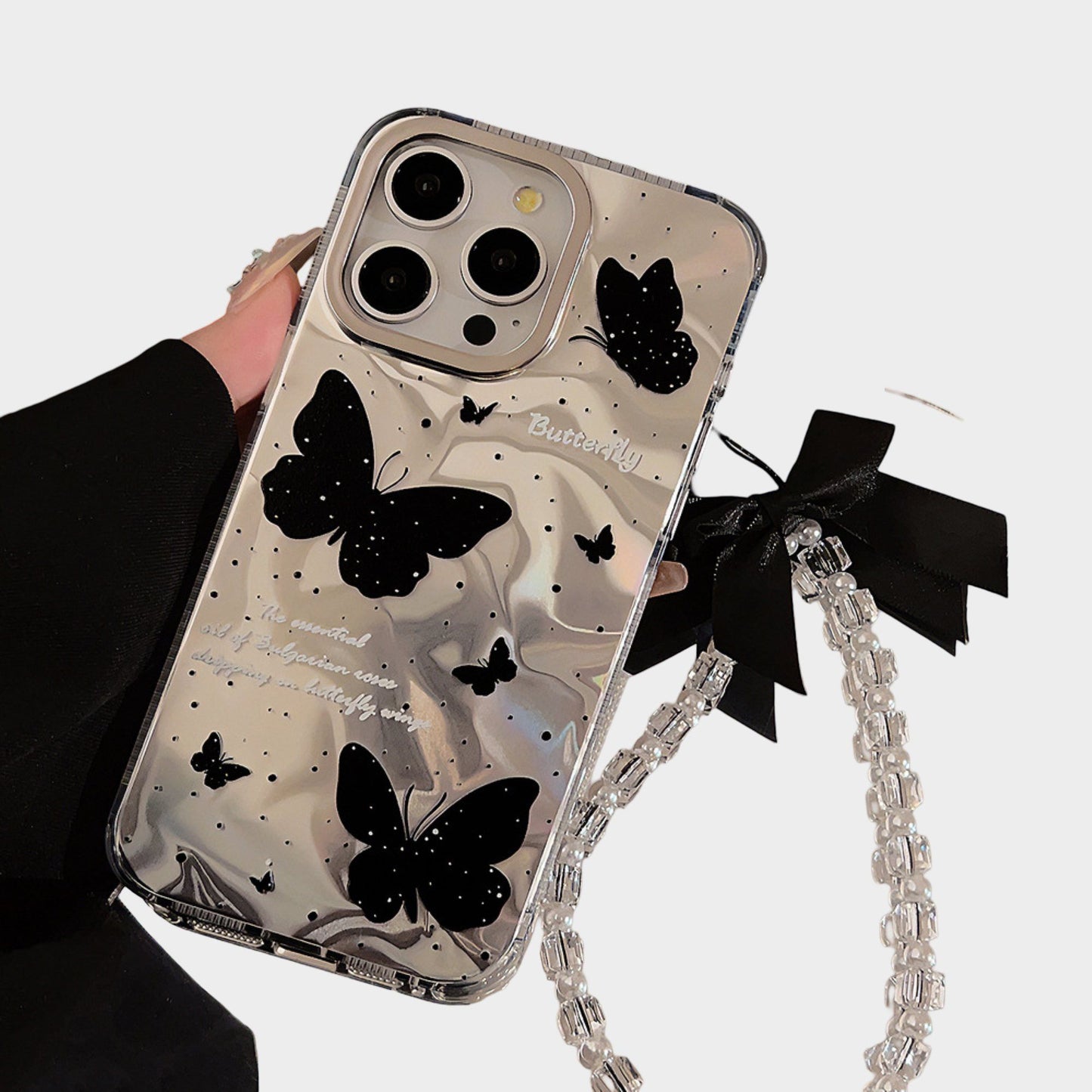 Butterfly Print Phone Case with Beaded Bow Wristlet Charm