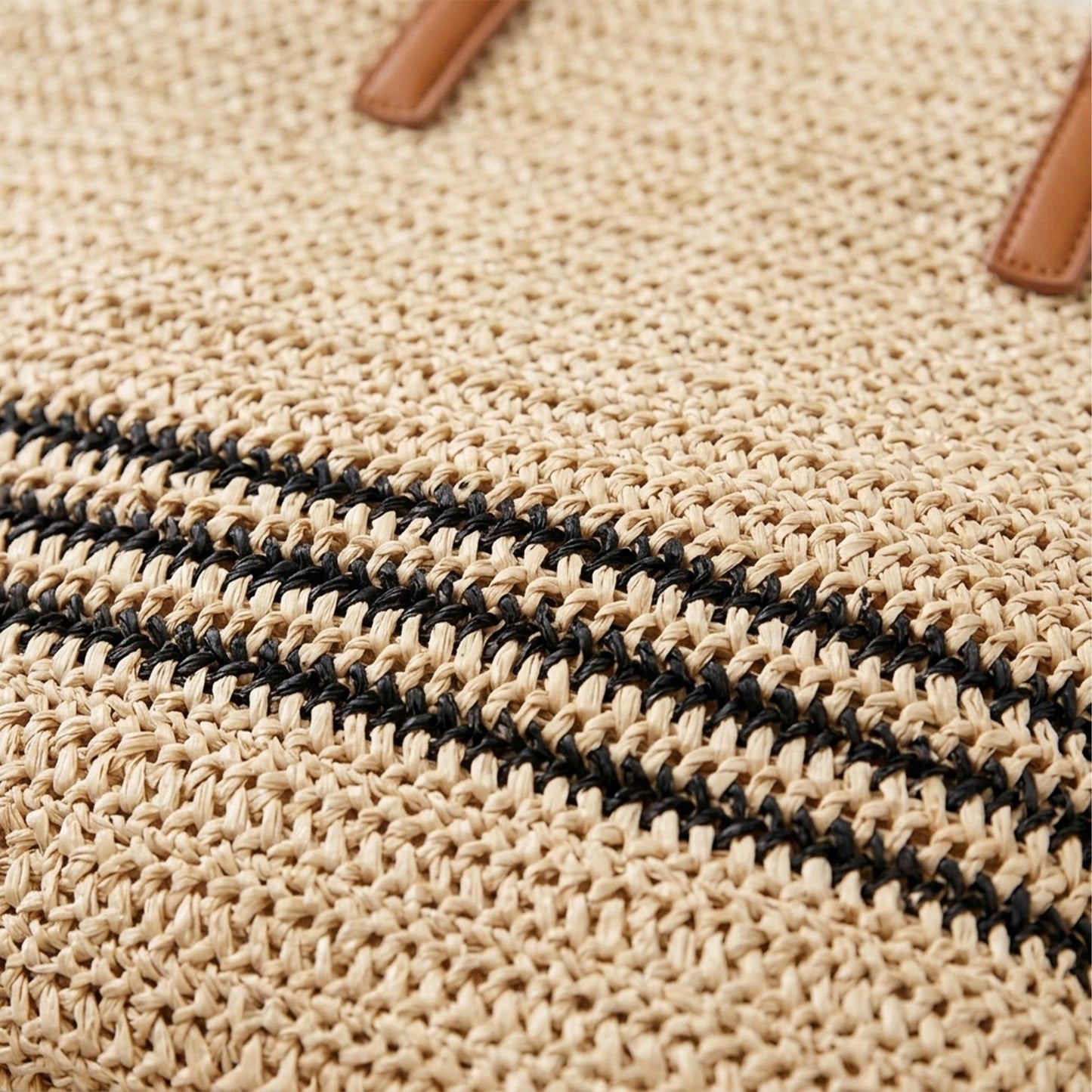 Woven Crochet Tote Bag with Striped Pattern Leather Shoulder Strap Lightweight Large Capacity Handbag