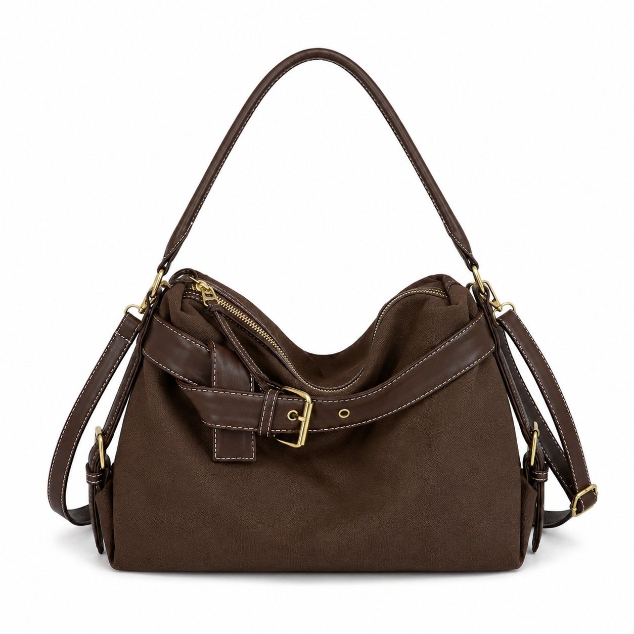 Slouchy Shoulder Hobo Bag with Adjustable Strap Buckle Detail and Inner Zip Pocket