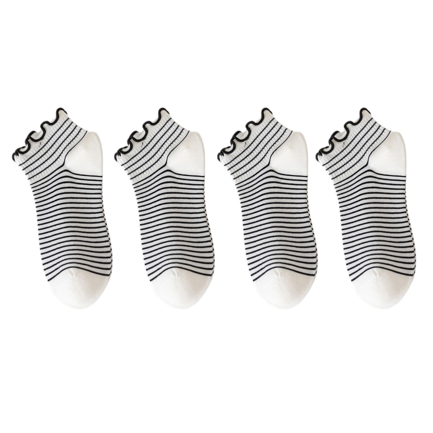 4 Pairs Ankle Socks with Ruffle Trim Cuff Featuring Cherry, Grid, Stripe, and Polka Dot Designs