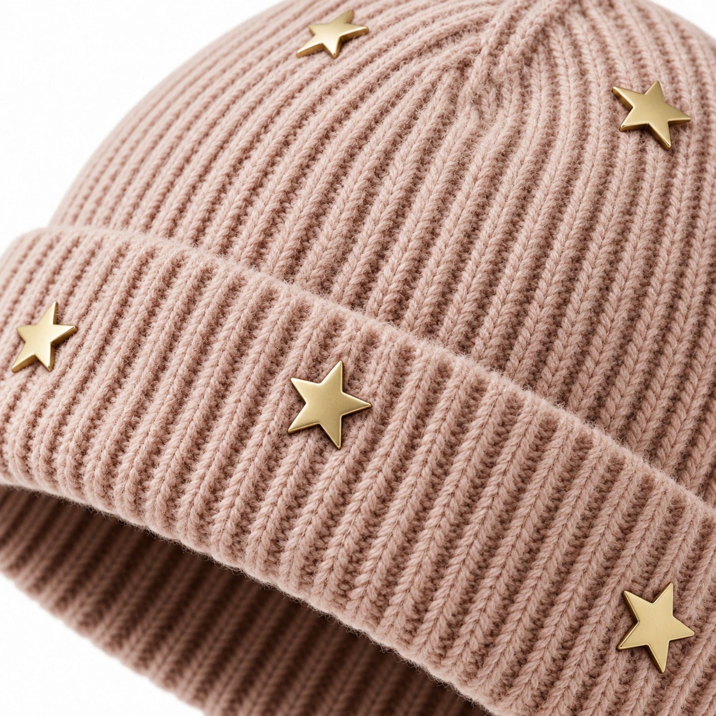 Star Stud Ribbed Knit Beanie Cuffed Winter Hat