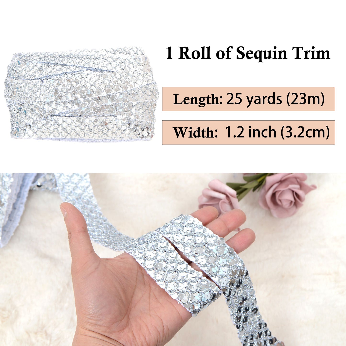 Sewing Sequin Trim 1.2 Inch 6 Row, 25 Yards Glitter Sequin Strip Ribbon Metallic Stretch Bling Fabric DIY Craft Decoration