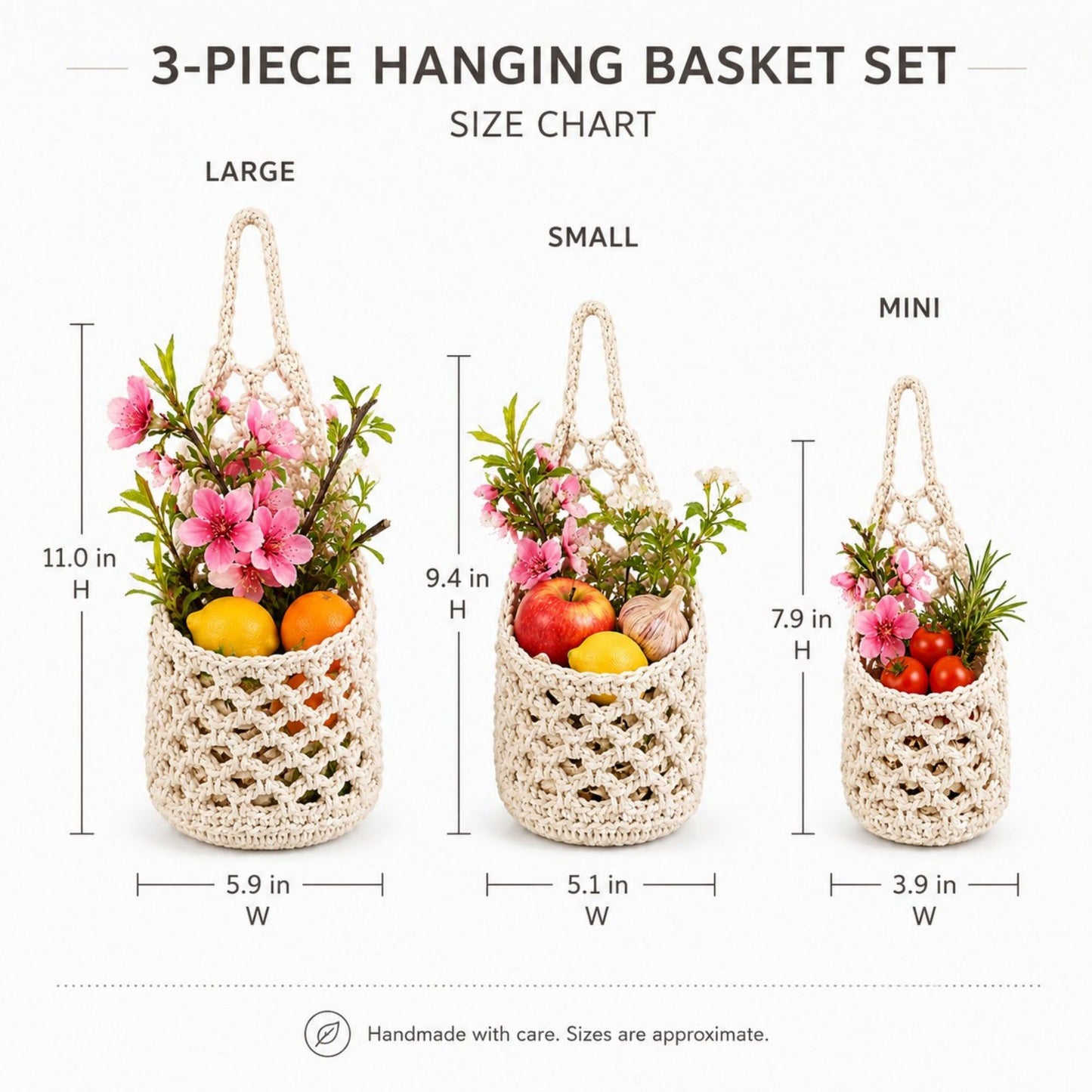 Woven Hanging Basket Set for Fruit Produce and Wall Storage