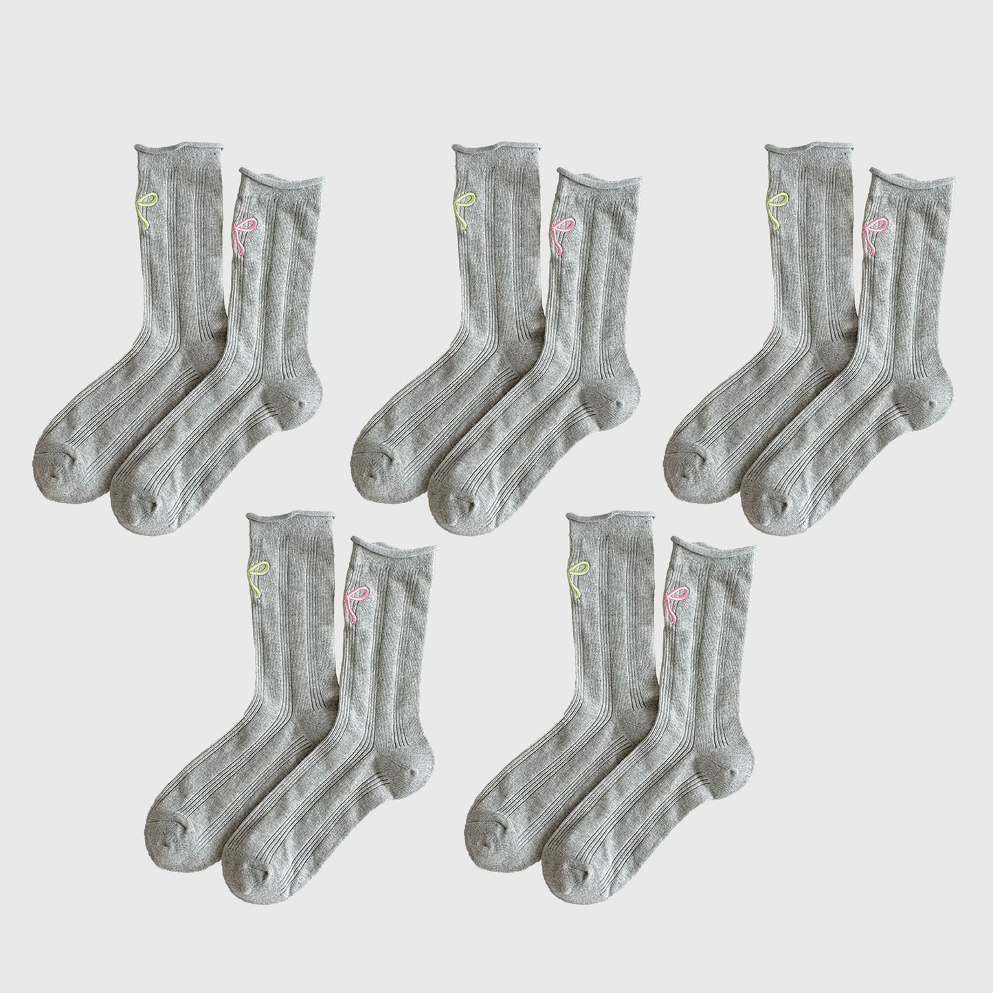 Adorable Bow-Embroidered Ribbed Ankle Socks 5Pk