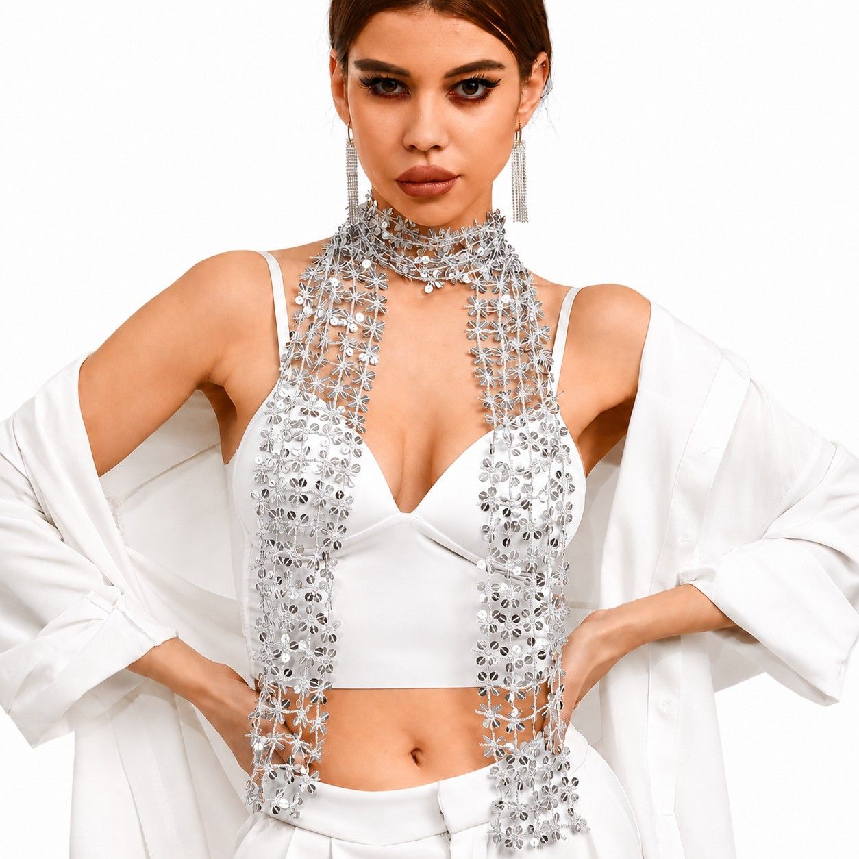 Sequin Floral Skinny Scarf Mesh Neck Wrap