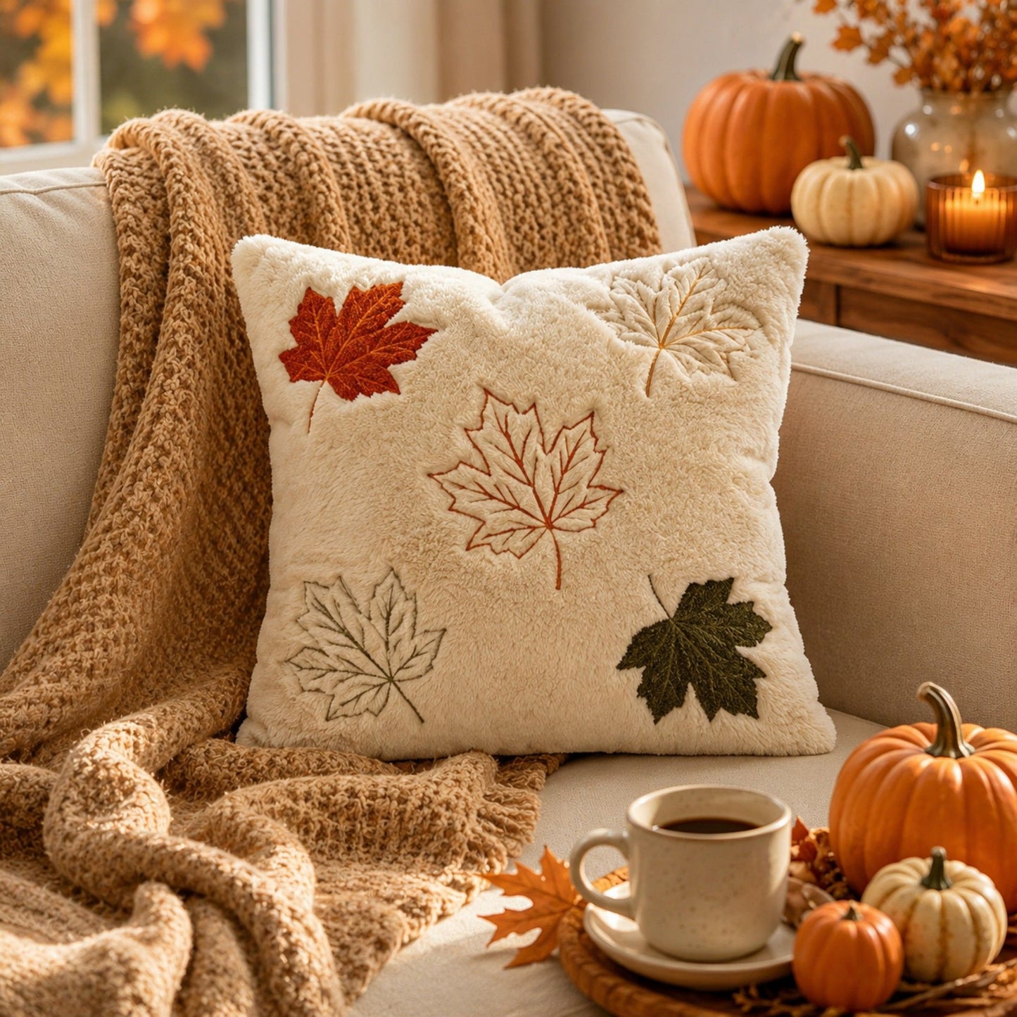 Autumn Pumpkin Maple Leaf Throw Pillow Cover Square Plush Cushion Cover
