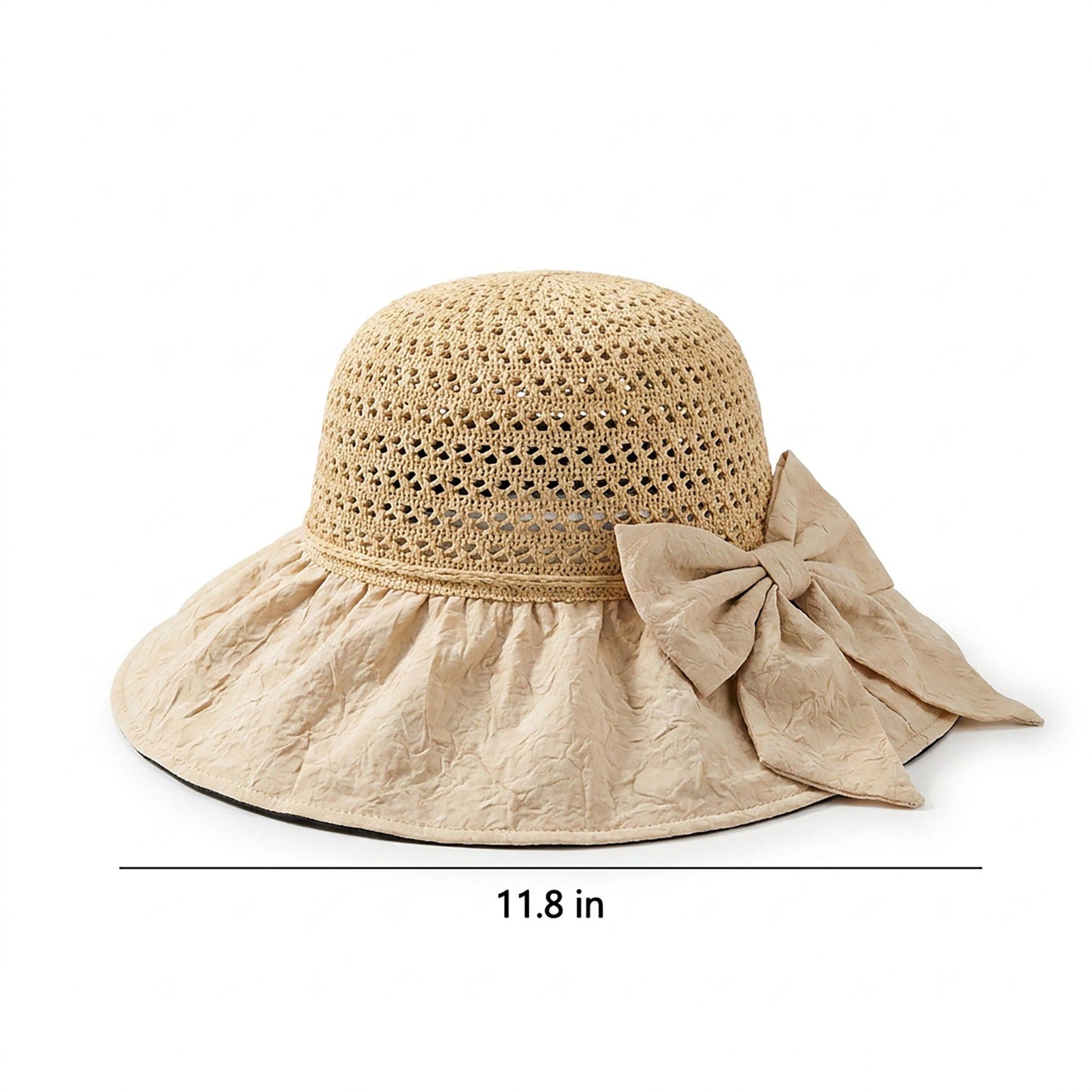 Wide Brim Crochet Sun Hat with Bow Accent and Textured Fabric Brim