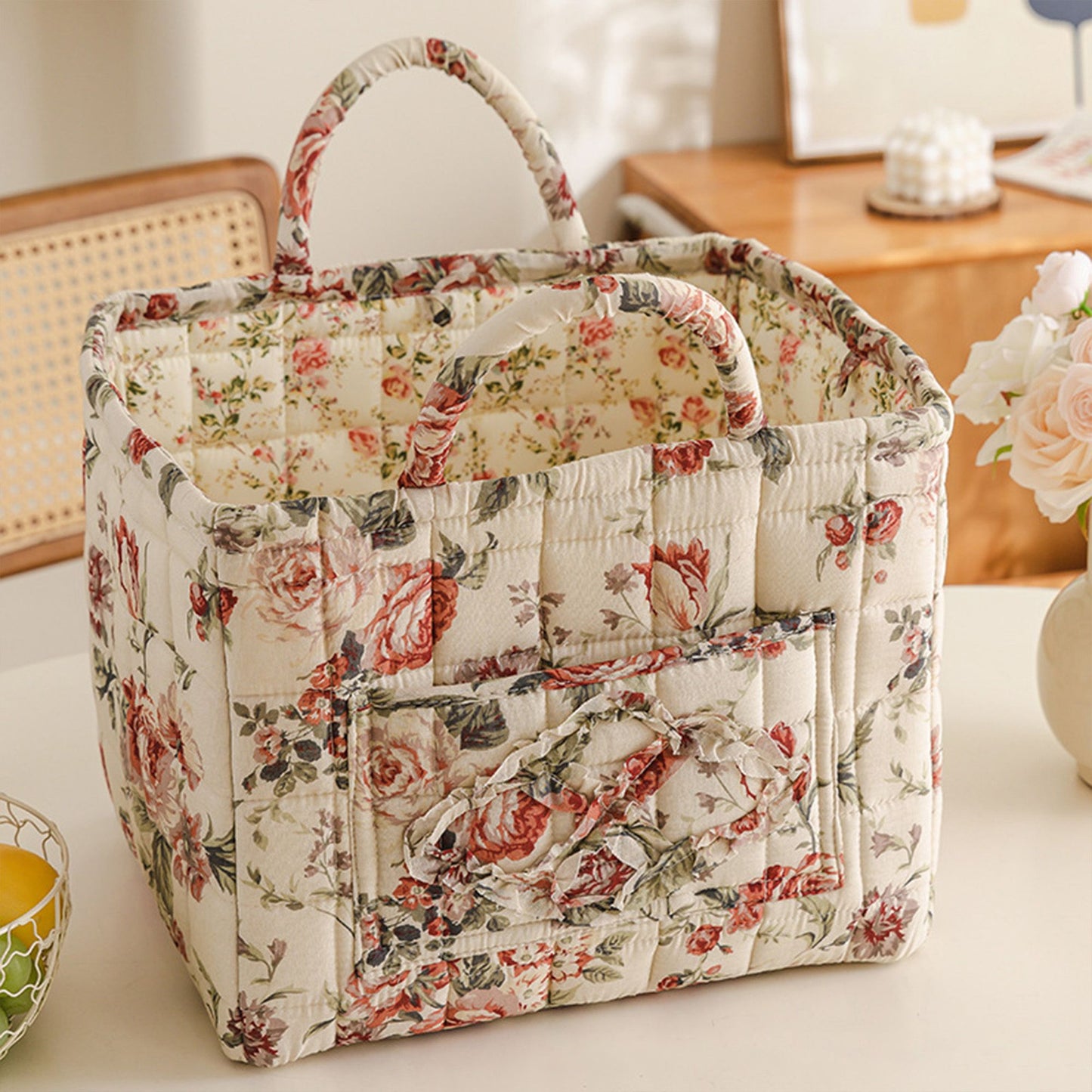 Fabric Storage Basket Quilted Cotton Organizer Bin with Floral Print Decorative Storage