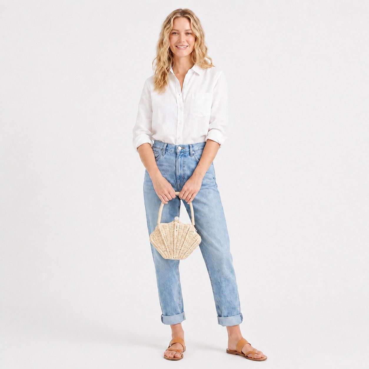 Shell Woven Top Handle Bag with Pearl Button and Detachable Chain Strap