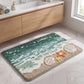 Coastal Ocean Wave Plush Bathroom Mat with Life Preserver and Seashell Design