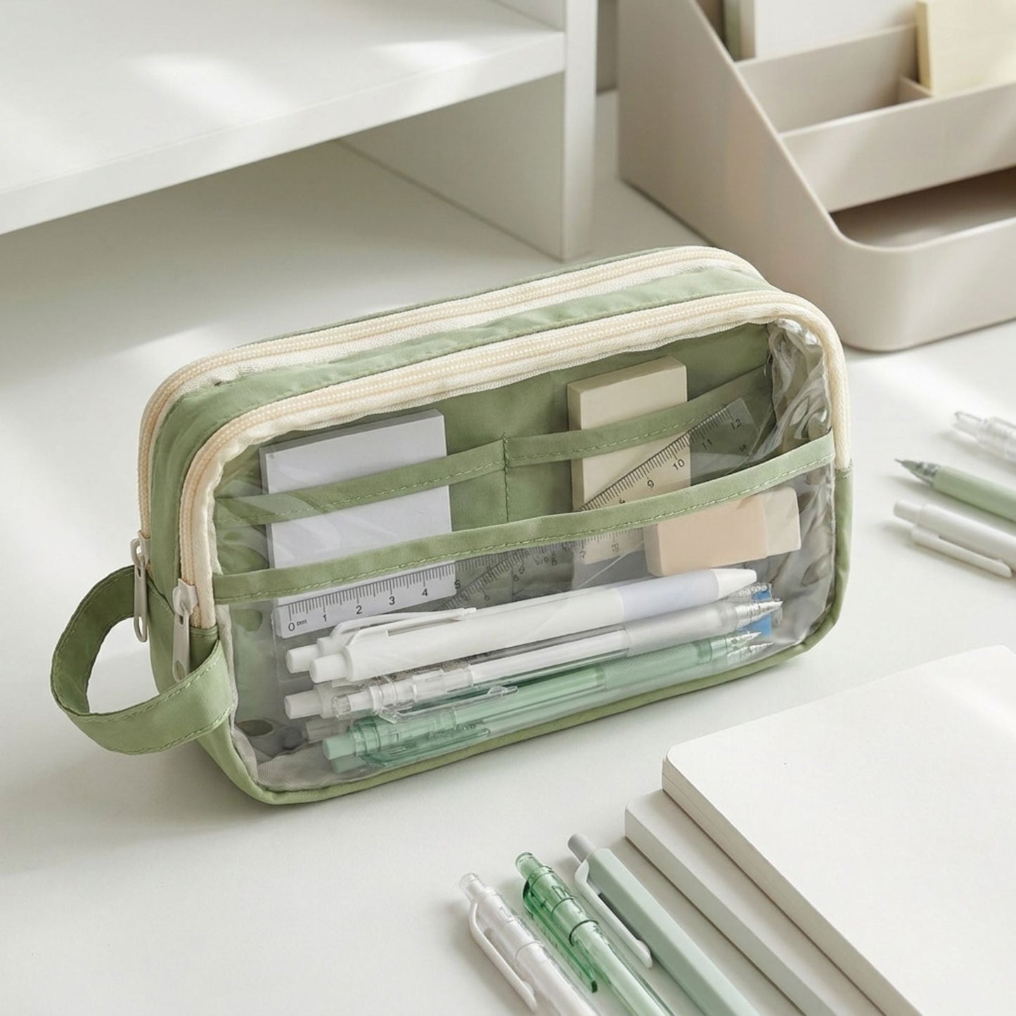 Large Capacity Clear Pencil Case Double Compartment Zipper Pouch with Handle