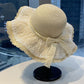 Wide Brim Straw Sun Hat with Sheer Lace Overlay Bow Accent and Scalloped Edge