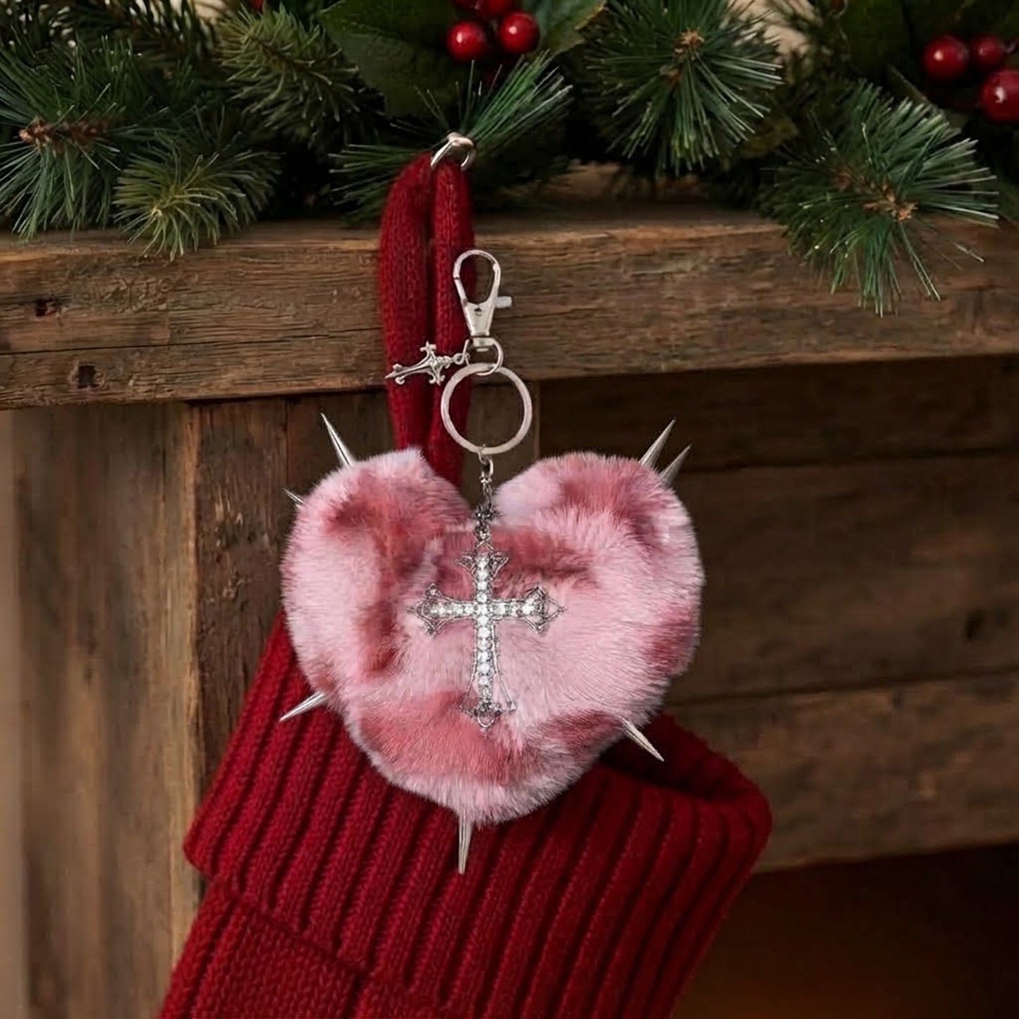 Punk Heart Faux Fur Keychain Rivet Cross Bag Charm Set