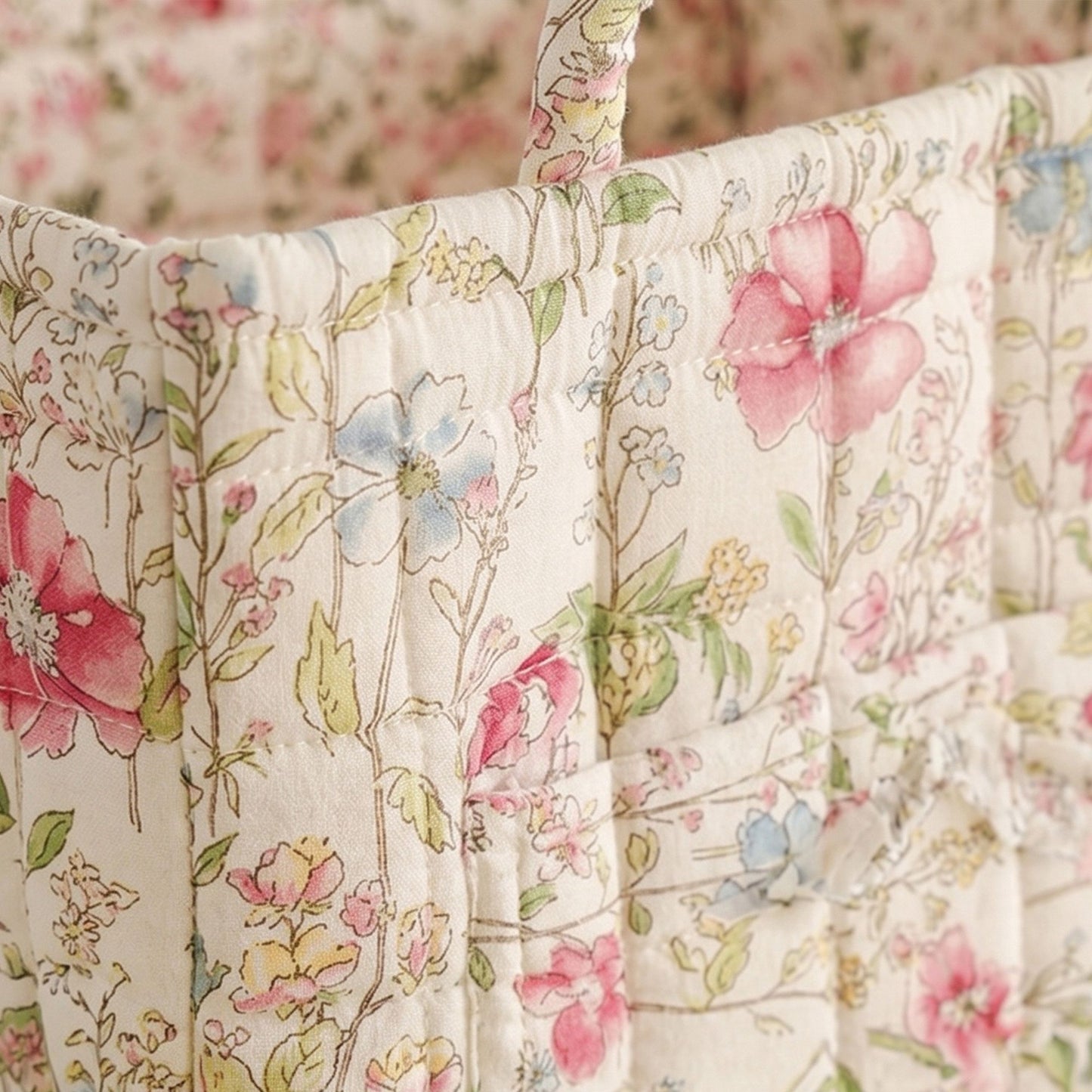 Fabric Storage Basket Quilted Cotton Organizer Bin with Floral Print Decorative Storage