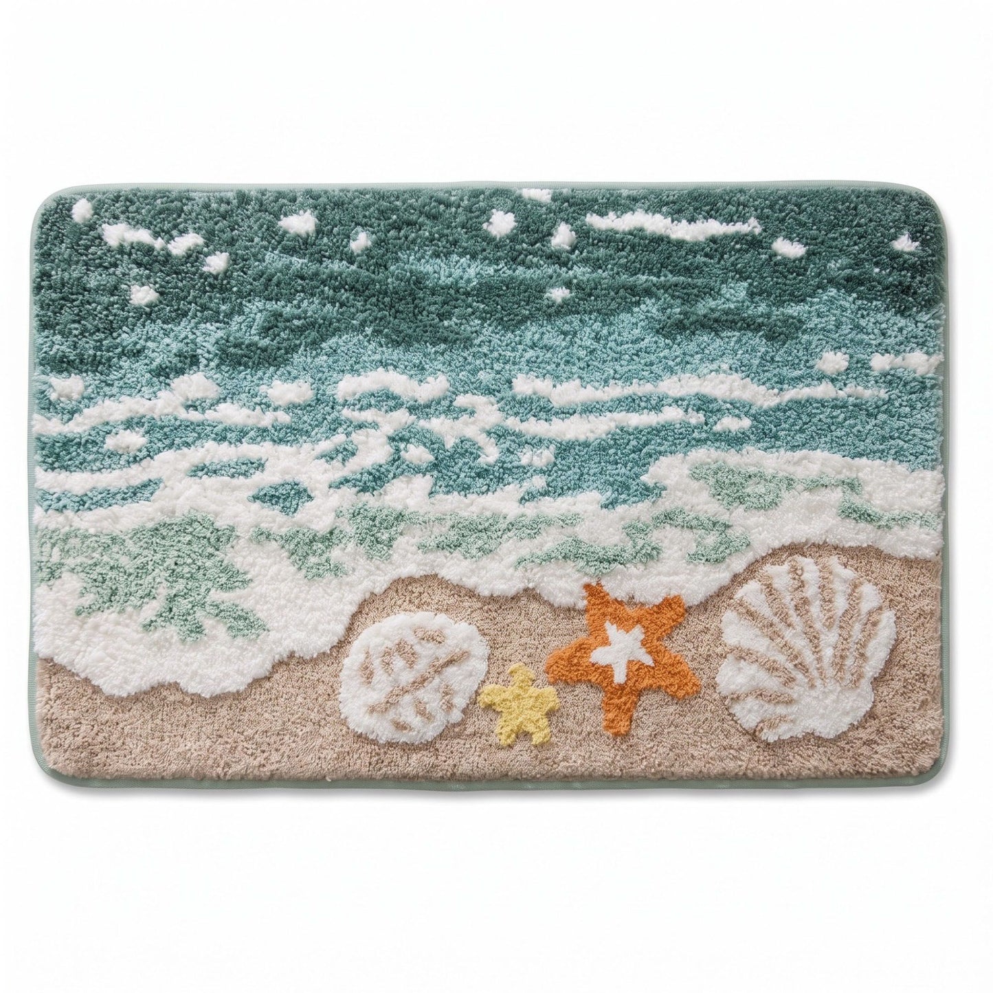 Coastal Ocean Wave Plush Bathroom Mat with Life Preserver and Seashell Design