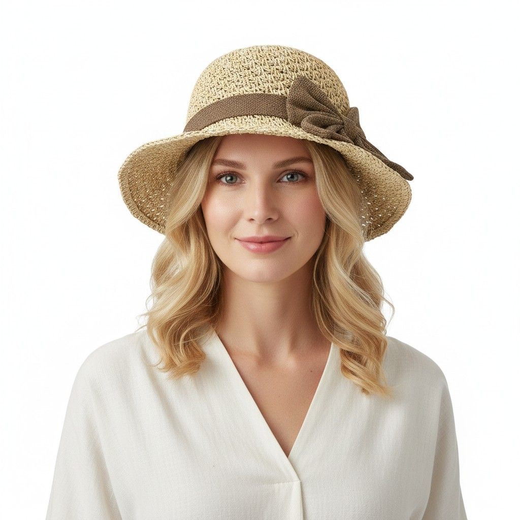 Straw Sun Hat Wide Brim Bowknot Summer Beach Bucket Hat Lightweight