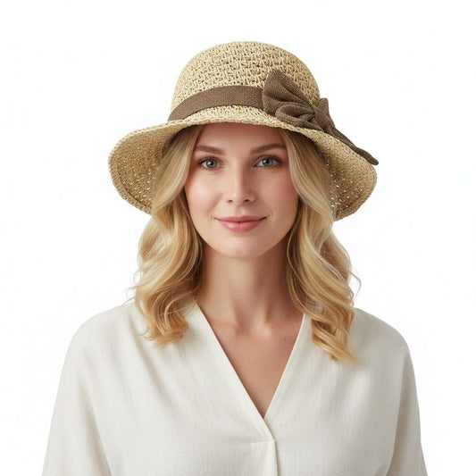 Straw Sun Hat Wide Brim Bowknot Summer Beach Bucket Hat Lightweight