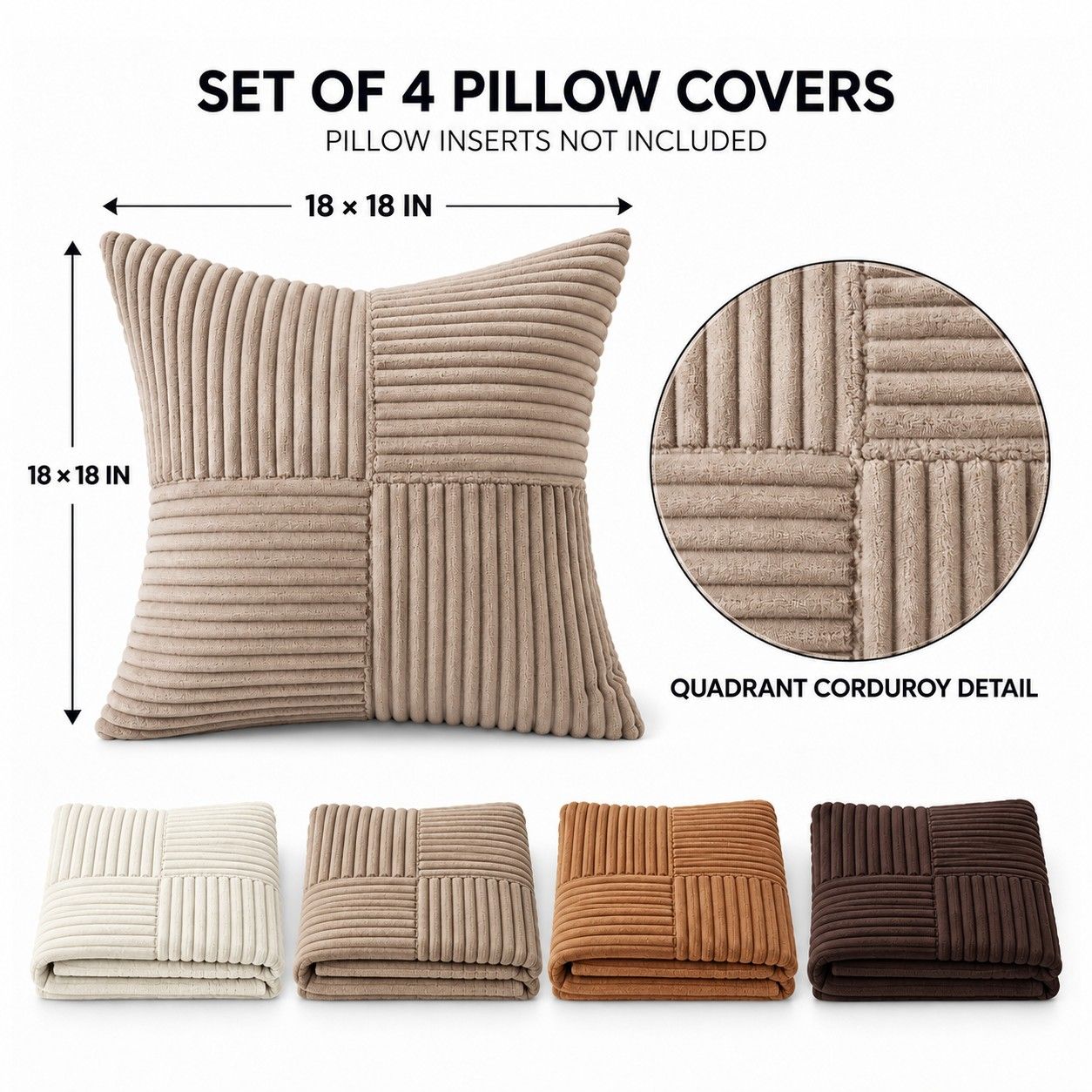 4 Pack Patchwork Corduroy Throw Pillow Covers 18 x 18 Inch for Sofa and Bed