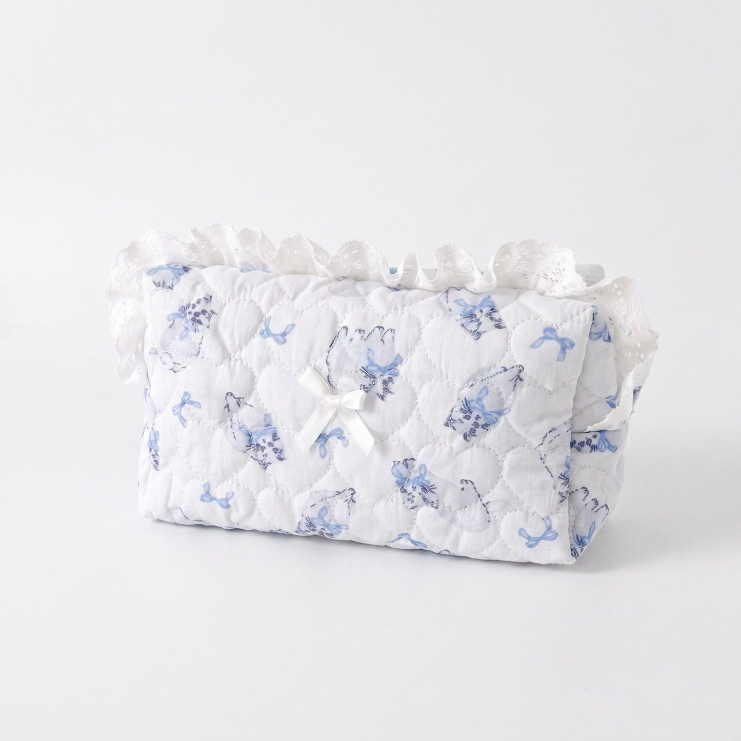 Womens Quilted Ruffle Makeup Bag with Blue Print Cosmetic Pouch