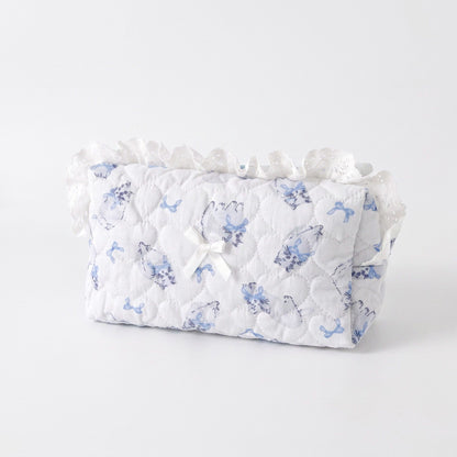 Womens Quilted Ruffle Makeup Bag with Blue Print Cosmetic Pouch