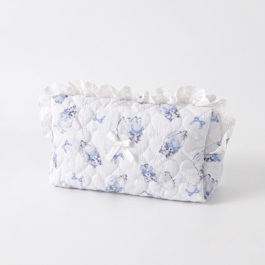 Womens Quilted Ruffle Makeup Bag with Blue Print Cosmetic Pouch